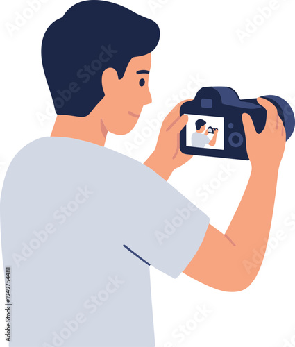 Man photographs woman on screen with digital camera indoors