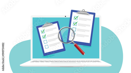 Laptop computer screen displaying two blue clipboards with checklists being inspected by a large magnifying glass.