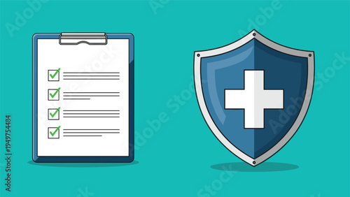 Blue clipboard with a checklist and green check marks next to a large blue medical shield with a white cross for health.