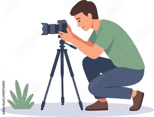 A man takes a photo with his camera on a tripod outdoors