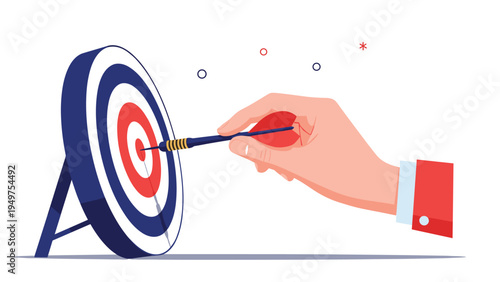 Human hand in a red sleeve holding a dart and aiming for the center bullseye of a blue and white target on white.