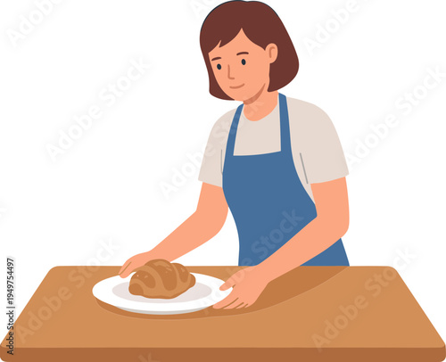 Woman wearing apron serves roasted turkey on plate at table indoors