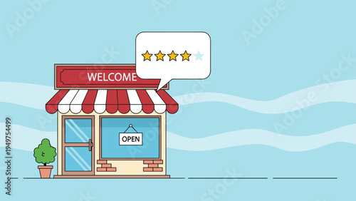 Small local shop building with a welcome sign and a 4-star customer rating speech bubble on a light blue background.