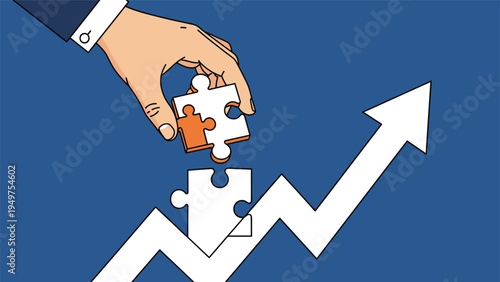Hand fitting a puzzle piece into a white upward trending arrow represents strategic planning and complete business solutions.