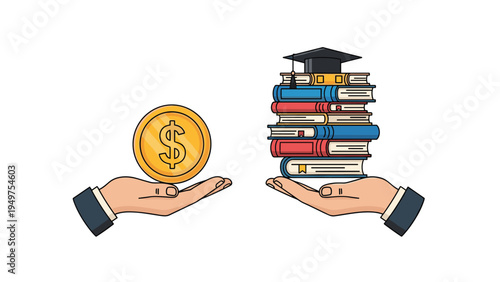 Hands holding a gold dollar coin and a stack of books with a graduation cap symbolize the exchange of money for education.