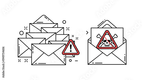 Multiple email envelopes with warning signs and a skull and crossbones icon represent spam, malware, and phishing threats.