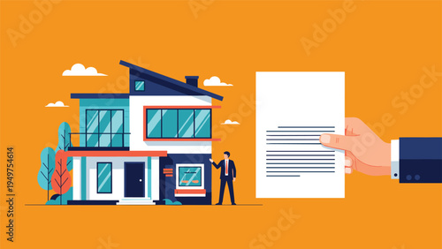 Real estate agent presenting a modern house next to a hand holding a legal document represents property sales and contracts.