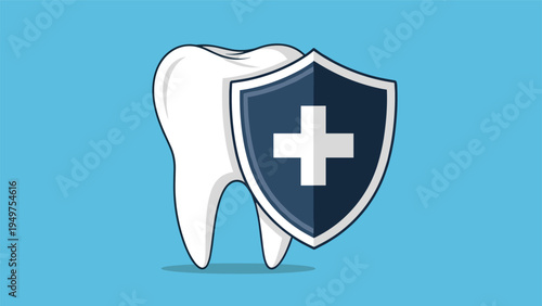 Human tooth protected by a medical shield icon signifies professional dental care services and preventative oral hygiene.