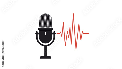 Professional black studio microphone with a red audio waveform symbolizes radio broadcasting, podcasting, and sound recording.