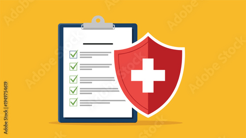Healthcare checklist on a clipboard with a medical protective shield represents medical insurance and safety regulations.