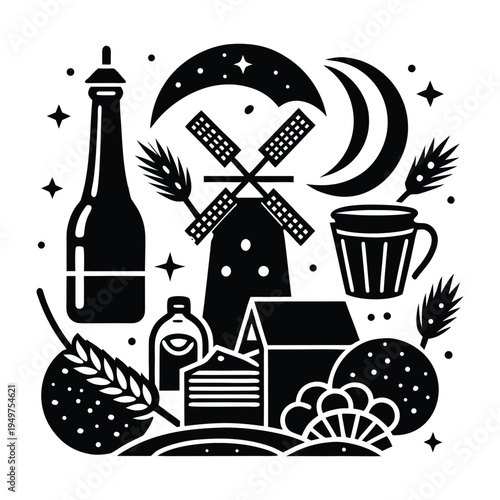 Black and white of rural farm including windmill barn bottle and wheat monochrome