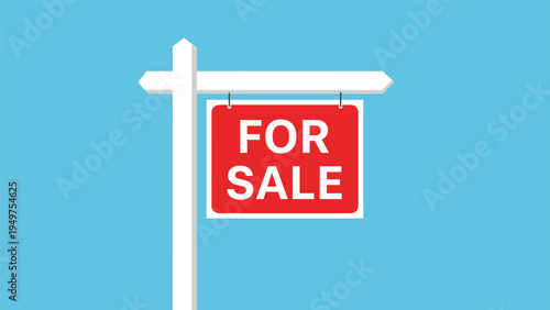 Red for sale sign hanging on a white wooden post against a blue background indicates property availability in the market.