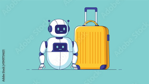 Artificial intelligence in travel and airport service concept showing a cute white robot standing next to a large yellow suitcase for a trip.