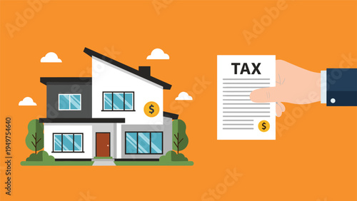 Homeowner hand holding a property tax document in front of a modern luxury house icon representing real estate finance and government taxation.