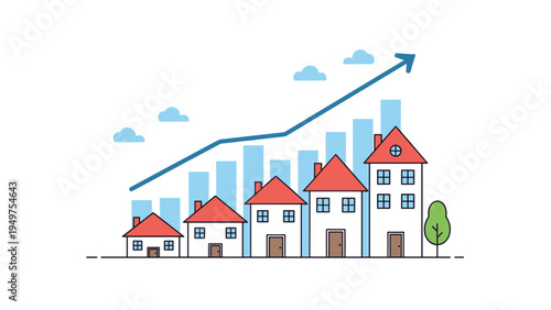 Real estate market growth and property value increase concept with a line graph arrow going up over houses of various sizes and blue bar charts.