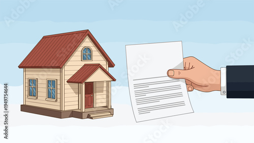 Hand of a businessman holding a paper document or legal agreement in front of a wooden country house against a light blue sky illustration.