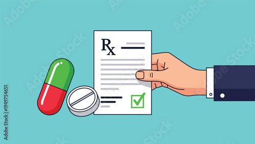 Healthcare professional hand holding a prescription form with an Rx symbol next to medical pills and capsules representing pharmaceutical care.