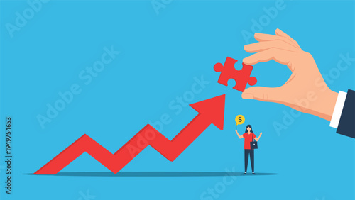 Business growth and financial strategy concept featuring a hand placing a red puzzle piece onto an upward trending arrow with a small character.
