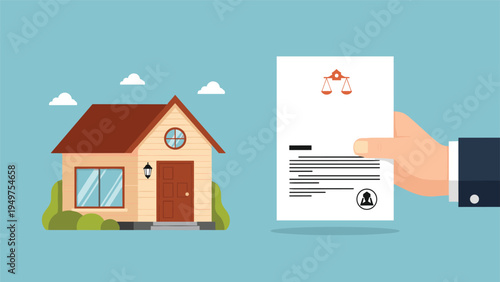 Legal property documentation and real estate law concept with a hand holding a signed certificate in front of a residential house on blue.