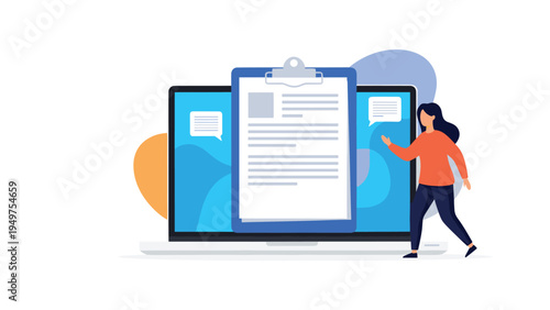 Online recruitment and digital document management concept with a woman standing next to a large laptop displaying a clipboard with a resume.