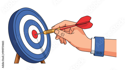 Precision and business target achievement concept with a hand throwing a red dart at a blue bullseye target representing goal oriented strategy.