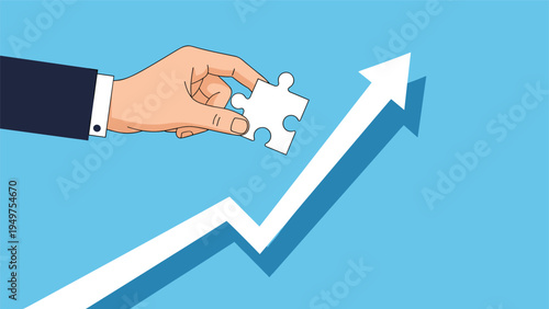 Strategic business solution and success concept shown by a hand putting a puzzle piece on a large white growth arrow over a blue background.