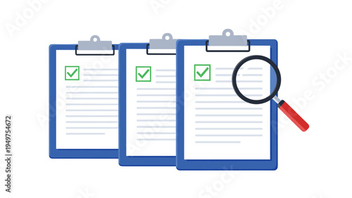Quality control and document verification process concept with three clipboards featuring green checkmarks and a magnifying glass for inspection.