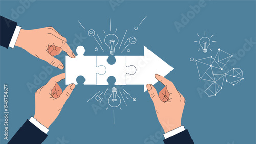 Collaborative strategy and creative brainstorming concept with hands assembling puzzle pieces into an arrow surrounded by lightbulbs and icons.