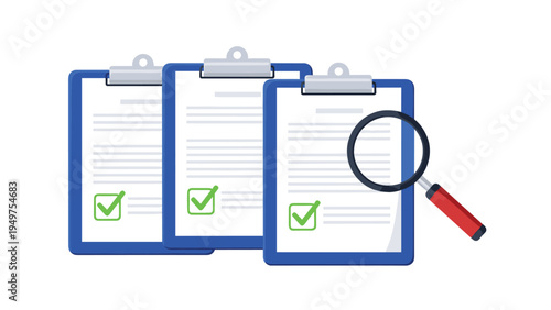 Document review and standard verification concept with three blue clipboards having green checkmarks and a magnifying glass for close inspection.