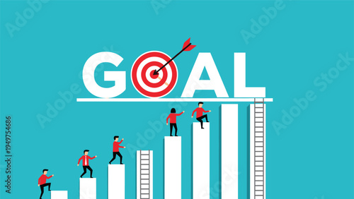 Business goal achievement and team motivation concept with people climbing a white bar chart towards a target and the word goal in large letters.