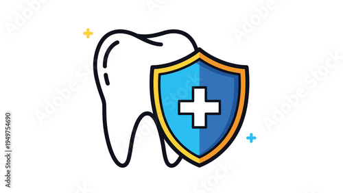 Dental protection and oral healthcare insurance concept with a large white tooth behind a blue shield that has a yellow border and white cross.