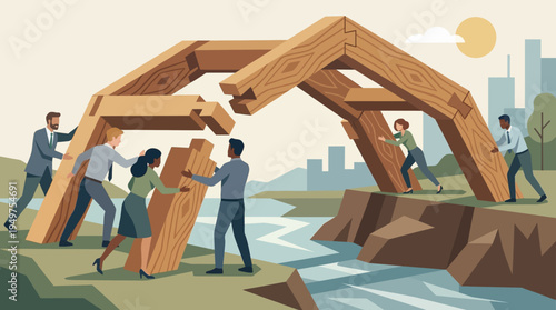Diverse business team working together to build a wooden bridge over a gap concept