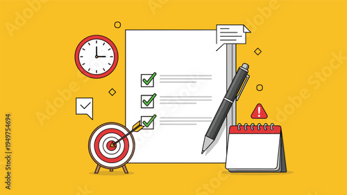 Project management and task planning concept with a clipboard checklist, alarm clock, target, and calendar icon on a bright yellow background.