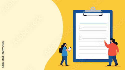 Teamwork in document management and workflow planning concept with two small characters standing next to a giant clipboard with a checklist.