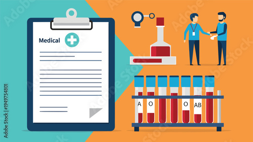 Medical clipboard with blood test tubes and laboratory equipment to illustrate healthcare diagnostics and clinical research services.