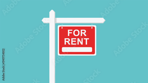 Red for rent sign on a white post set against a solid turquoise background to showcase real estate availability and leasing options.