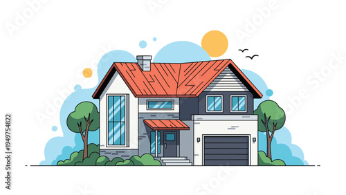 Contemporary two-story house with trees and a sun backdrop to illustrate residential architecture and suburban living environments.