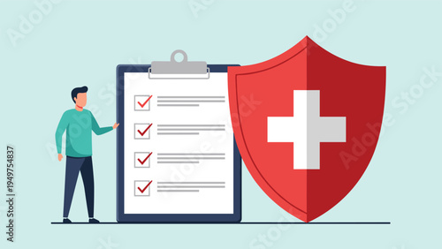 Man standing next to a giant health insurance checklist and a red medical shield symbolizing wellness protection.