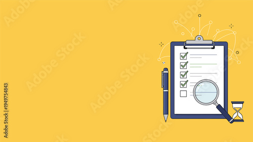 Efficient task management and quality control are shown with a clipboard checklist, magnifying glass, pen, and hourglass.