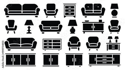 Collection of black silhouettes of various home furniture icons including sofas chairs lamps and cabinets on a white background for design and decoration purposes