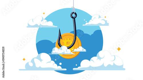 Large fishing hook catching a gold bitcoin coin amidst white clouds symbolizing cryptocurrency phishing and security risks.