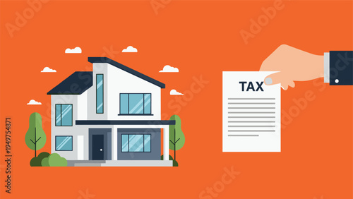 Human hand in a business suit holding a tax document next to a modern residential house on a solid orange background.