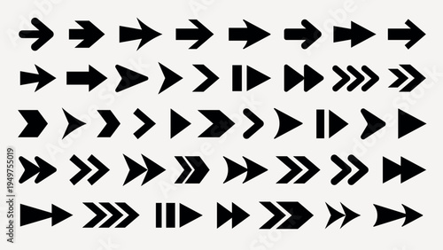 A collection of black arrow icons in various styles and directions, including left, right, up, and down arrows. Simple and bold arrow designs on a light background. Element vector set.