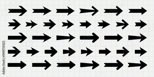 A collection of black arrow icons in various styles and directions, including left, right, up, and down arrows. Simple and bold arrow designs on a light background. Element vector set.
