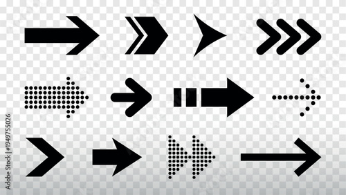 A collection of black arrow icons in various styles and directions, including left, right, up, and down arrows. Simple and bold arrow designs on a light background. Element vector set.