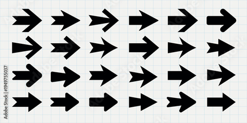 A collection of black arrow icons in various styles and directions, including left, right, up, and down arrows. Simple and bold arrow designs on a light background. Element vector set.