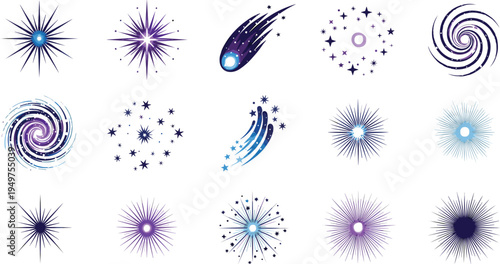 Cosmic starburst and galaxy sparkle icon set with shooting star swirl light burst space illustration collection