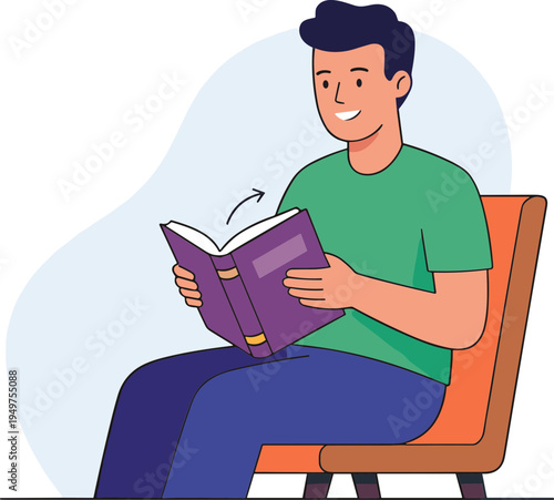 Man sitting on chair reading book with smile on face indoors