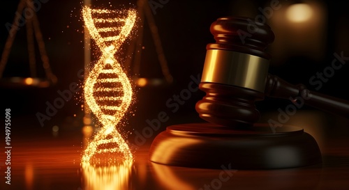 A gavel rests on a sound block beside a glowing DNA double helix structure on a reflective surface in a dark room with scales in the background.