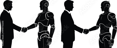 Black silhouette illustrations of a business person shaking hands with a futuristic robot partner